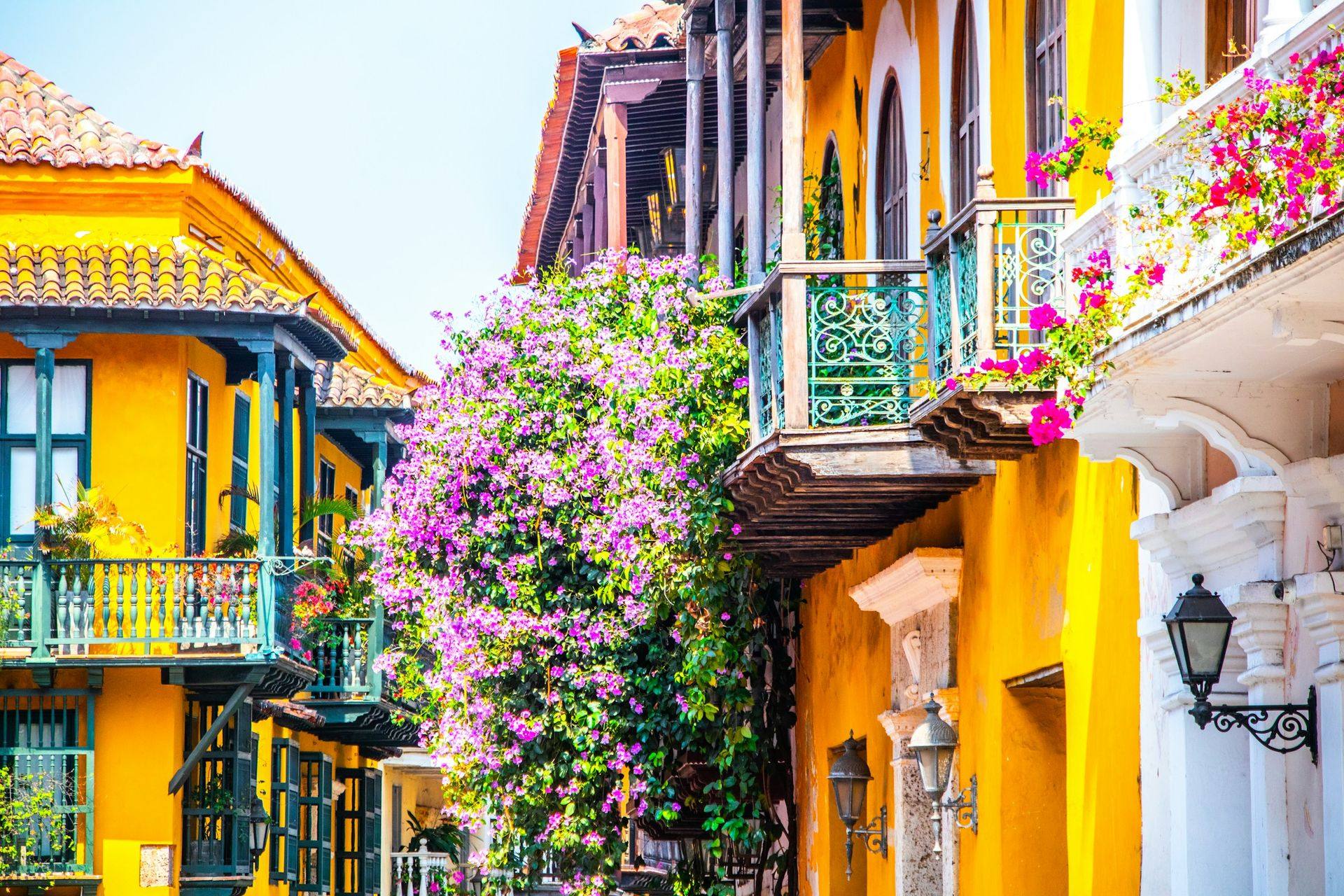 Balcones coloniales con buganvilias en el centro histórico de Cartagena